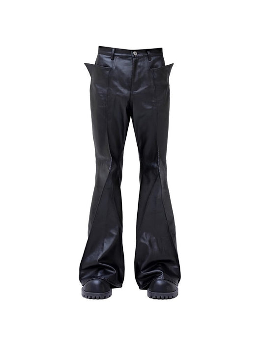 Mauroicardi Autumn Long Black Waterproof Hard Pu Leather Flare Pants Men Cool Luxury Designer Clothes Streetwear Runway Fashion