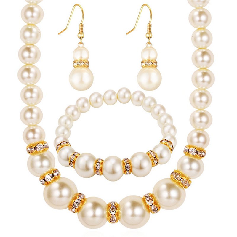 Conjunto 3 em 1 Elegante Colar, Brincos e Pulseira de Pérolas Simuladas Colar Longo Joias de Casamento para Noivas Presente