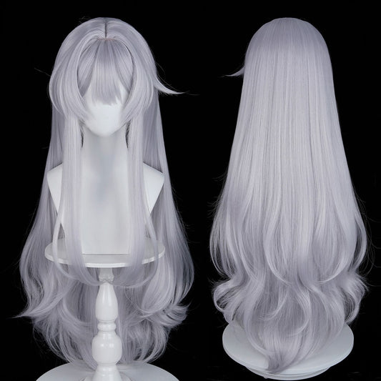 Long Wavy Silver Synthetic Wigs with Bangs Anime Game Cosplay Fluffy Heat Resistant Wig for Daily Party