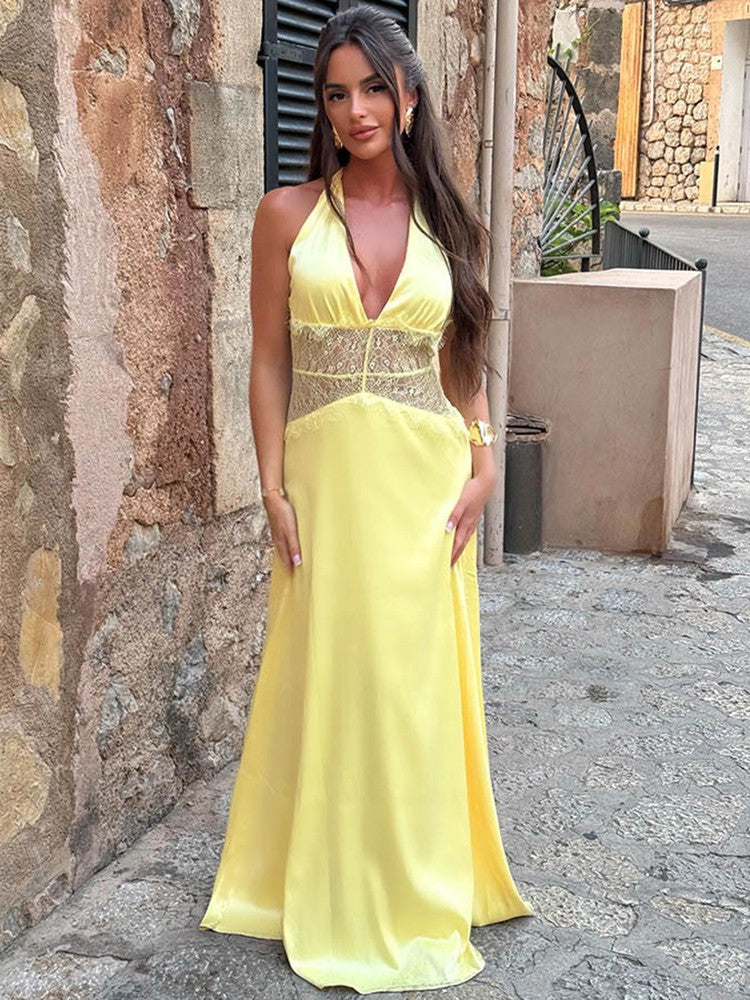 Mozision Summer Backless Sexy Maxi Dress Women Gown Patchwork Lace Halter Deep V