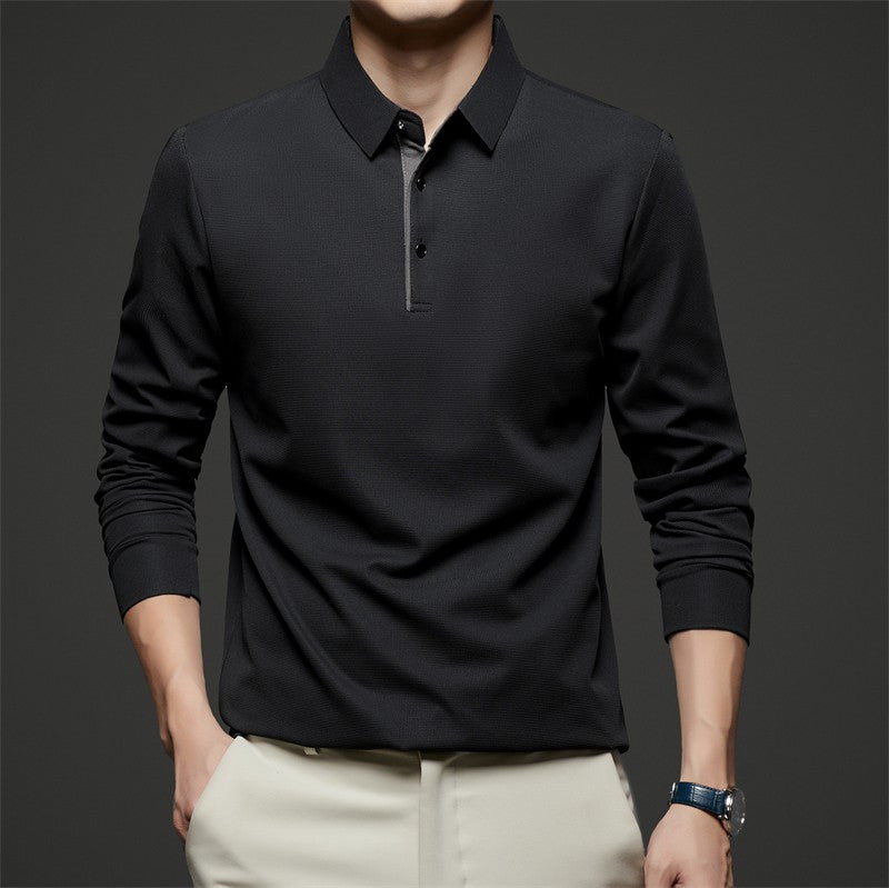 New Men's Business Casual Long Sleeve Solid Color Polo Shirt Fashionable Warm Comfortable Four Seasons Versatile Top