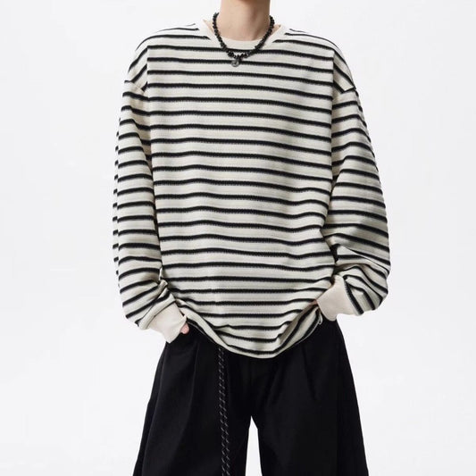 Lazy Style Striped Loose T Shirts Men's Long Sleeve All-match Youth Street Casual Tops Spring Autumn Korean Trend Men Clothing