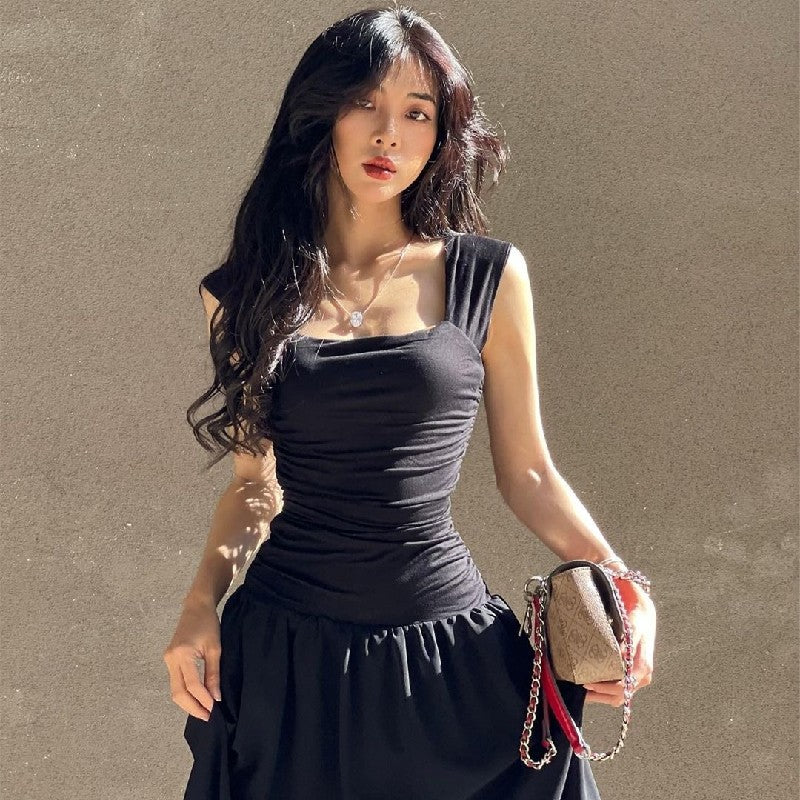 WhereMery Elegant Slip Long Dresses Sexy Women Ruched Bodycon Solid Maxi Dress S