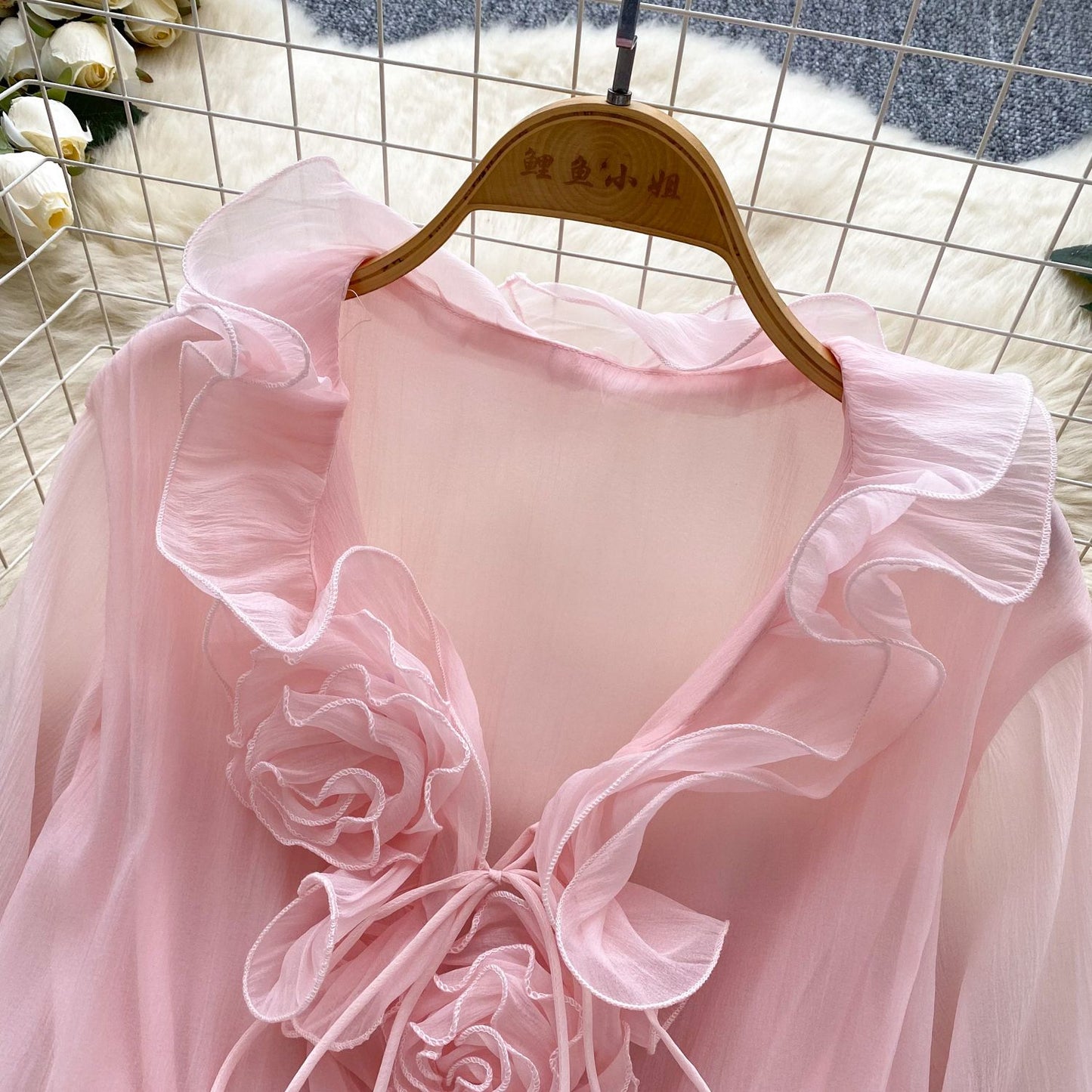 SINGREINY 3D Floral Beach Short Dress Female Long Sleeves Lace Up Ruffle Chiffon