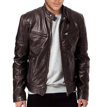 Men' s Retro Leather Jacket Stand Collar Biker Jacket Slim fit Multi-Pocket Coat Autumn Winter Outwear