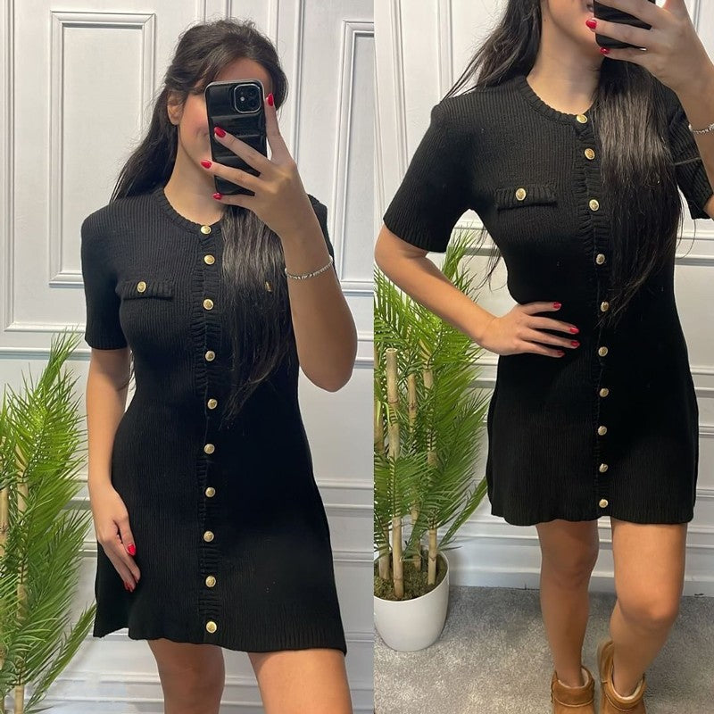 White Elegant Knitted Mini Dress For Women Metal Button Sexy Slim Rib Sweater Dr