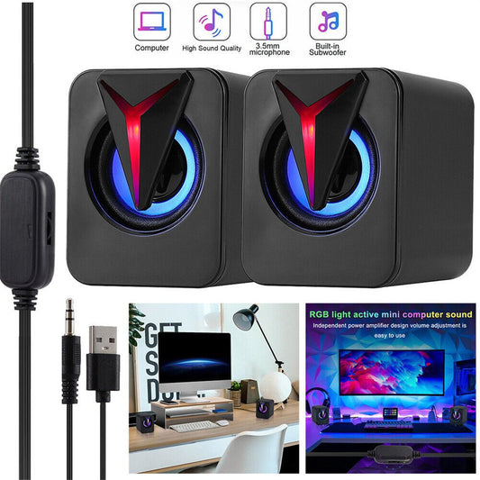 3.5mm Mini USB Wired Computer Speakers RGB LED Stereo Bass For PC Laptop Desktop