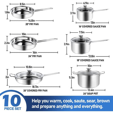10-Piece Pots and Pans Set, Stainless Steel Cookware Set- Includes Ergonomic Handle Saucepans, Skillets, Dutch Oven, Stockpot, S