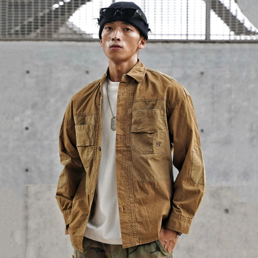 Vintage Patchwork Design Men Autumn Tactical Function Cargo Shirts Y2K High Street Techwear Style Long Sleeve Tops camisetas