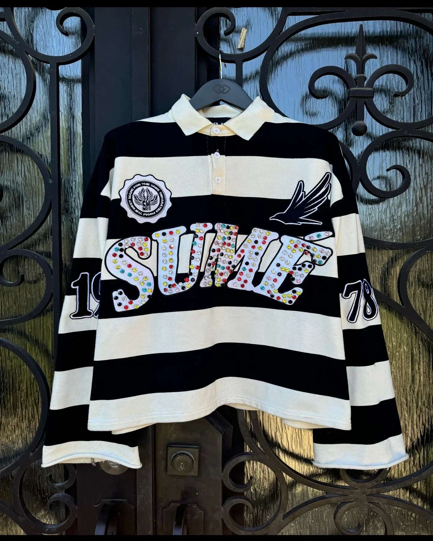 New Sume Gem Stone Embroidery Rugbys Long Sleeved T-shirt Men Women Harajuku Hip Hop Stripe Polo Shirt Classics Lapel Neck Shirt