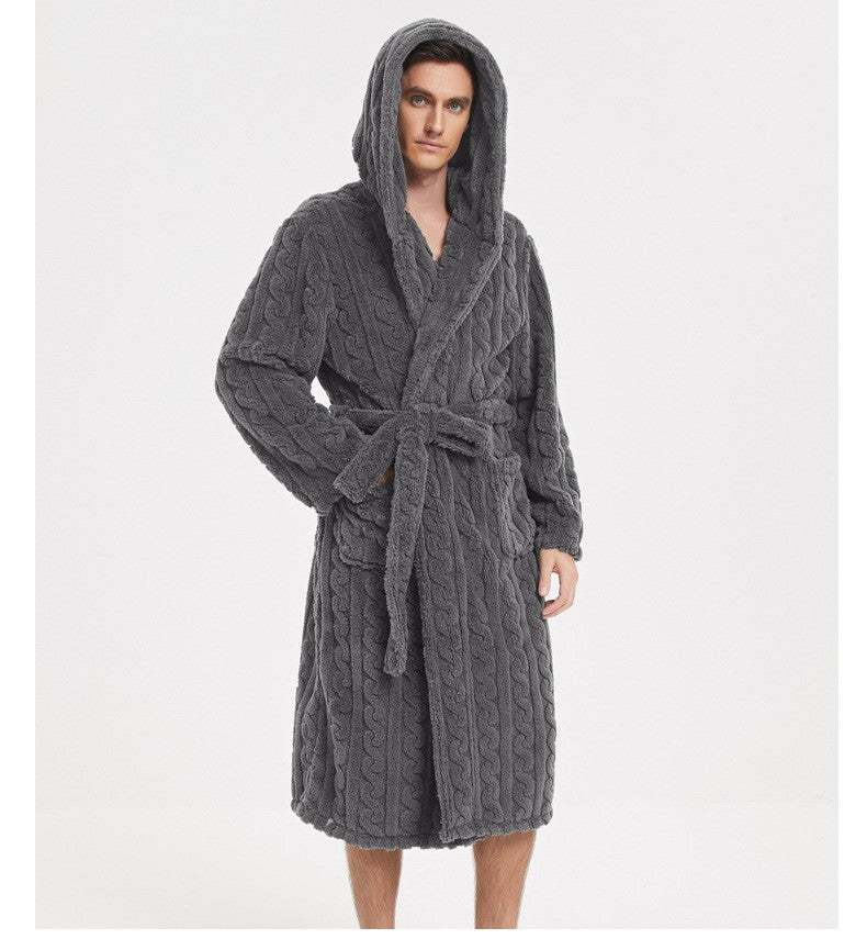 New American Cotton Velvet Jacquard Hooded Men's Dressing Gown with Fleece Thickened Autumn and Winter Couple Dressing Gown
