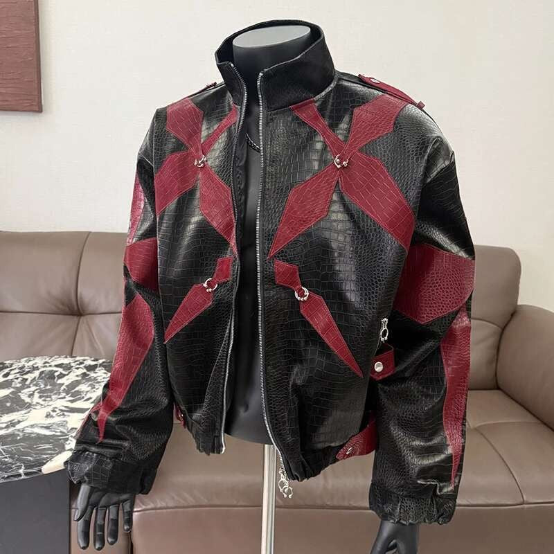 PFHQ Men's PU Leather Jacket 2025 Zipper Stand Collar Contrast Color Korea Fashion Darkwear Male Tops Casual 21E2807