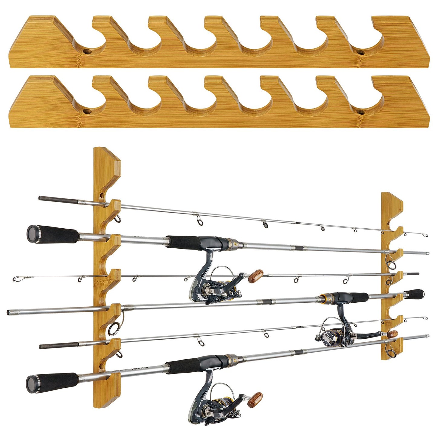 1 par de suporte de vara de pescar de madeira 6 furos, suporte de parede para varas, suporte de exibição horizontal de vara de pescar