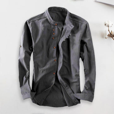 Japan Style Men Cotton Linen Shirt Long Sleeve Slim Fit Single-breasted Cardigan Shirt Harajuku Stand Collar Men Casual Shirts