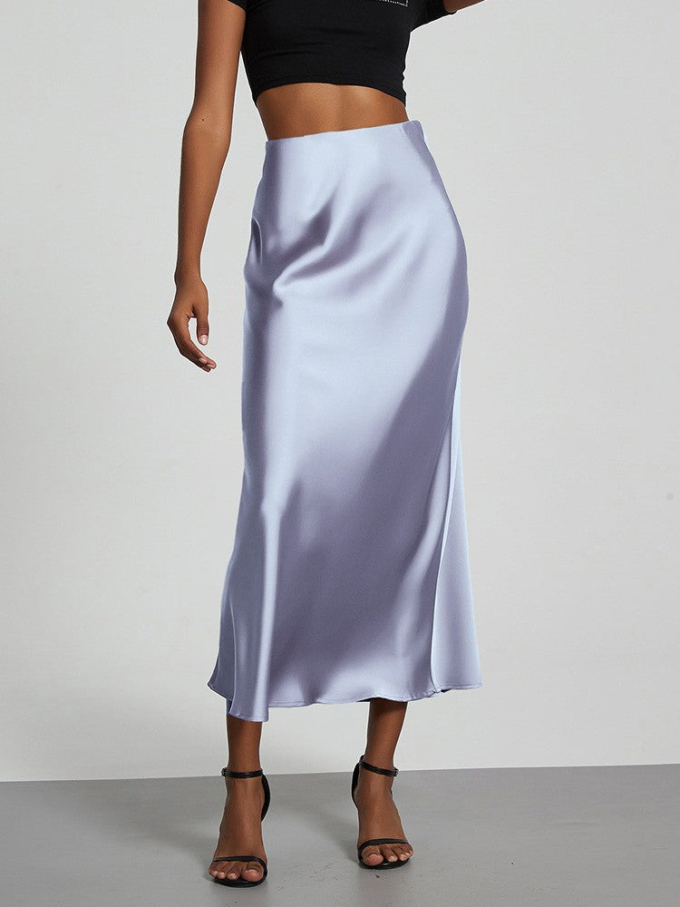 Fashion Satin Party Long Skirt High Waist Solid Color Casual Basic Women Skirts