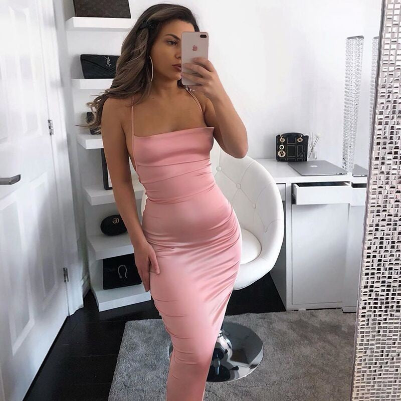 Neon Satin Lace Up Women's Long Midi Dress Light Pink Bodycon Backless Elegant P