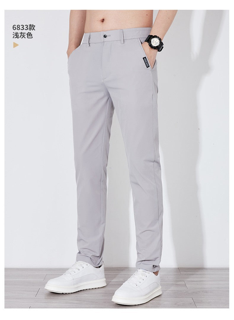 Summer Silk Stretch Smooth Trousers Men Business Elastic Waist Korean Classic Thin Cool Black Gray Casual Suit Pants Male Brand