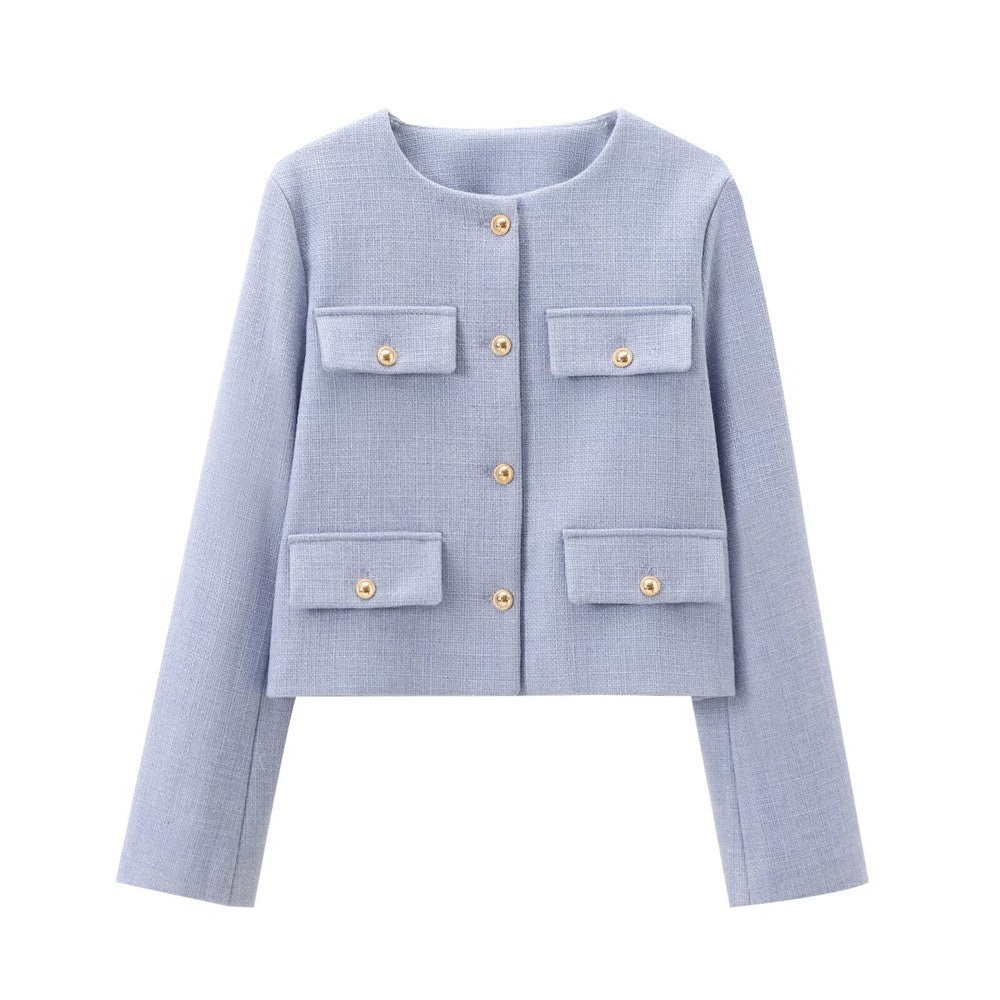 UNIZERA Winter New Product Women's Fashion and Casual Versatile Round Neck Flip Decoration Short Suit Coat