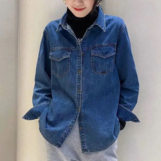 Korean Women Long Sleeve Jeans Shirt With Bottom Tops Coat Retro Style Female Spring Loose Cowboy Cardigan Blouse Denim Jacket