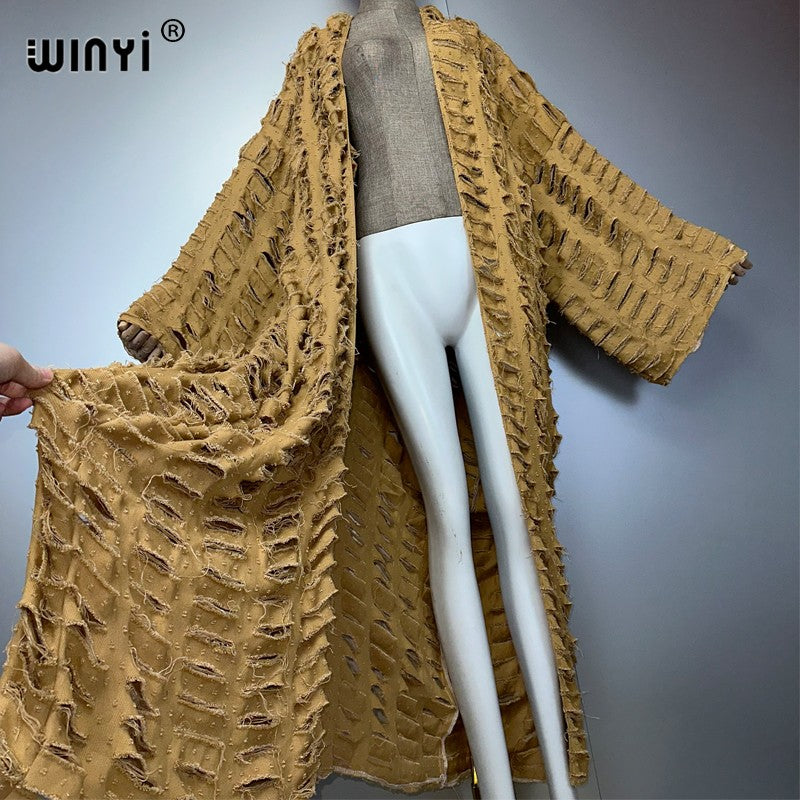 WINYI new maxi kimono coat for women OverCoat hole denim cardigan long down coat cover up beach outfits woman abaya dubai luxury