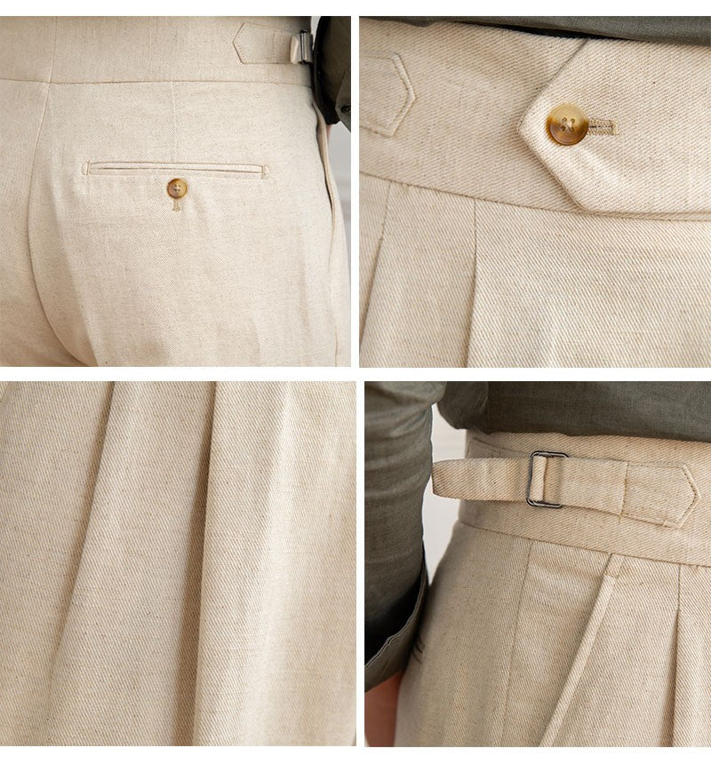 Three Gentleman Summer Naples Casual Straight Pants Men's Commuting Cotton and Linen Comfortable Breathable High Waist Pants