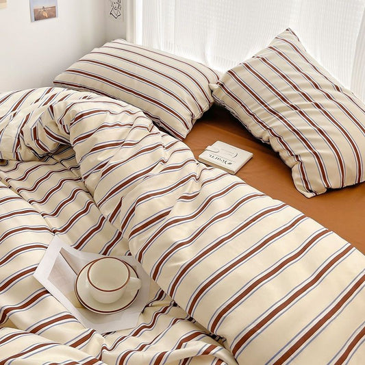 Simple Style Red And Blue Stripe Duvet Cover Set Bed Flat Sheet Set Washed Cotton Bedding Set for kids adult