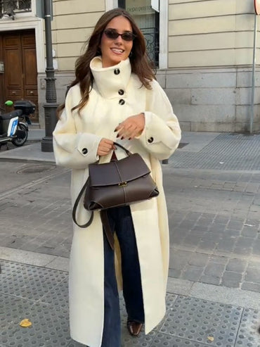 Stand Collar Single Breasted Split Long Coat Women Oversize Elegant Long Sleeve 2025 Autumn Female Outerwear Office Overcoat