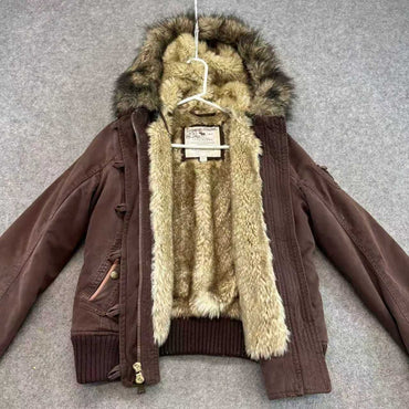 Y2K Vintage Autumn and Winter Lamb Fleece Lining Jackets Women's Cotton Brown Zipper Hooded Jacket Fur Collar Keep Warm Coat