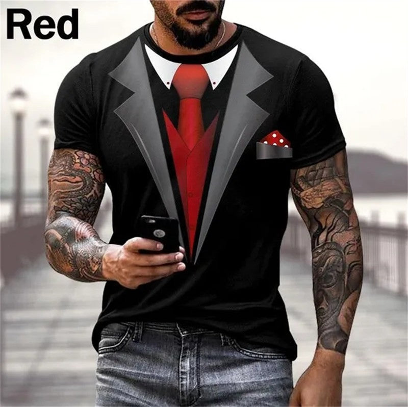 Mens Summer Fashion 3D Printed T-shirts Funny Fake Suit Cosplay Short Sleeve Cas