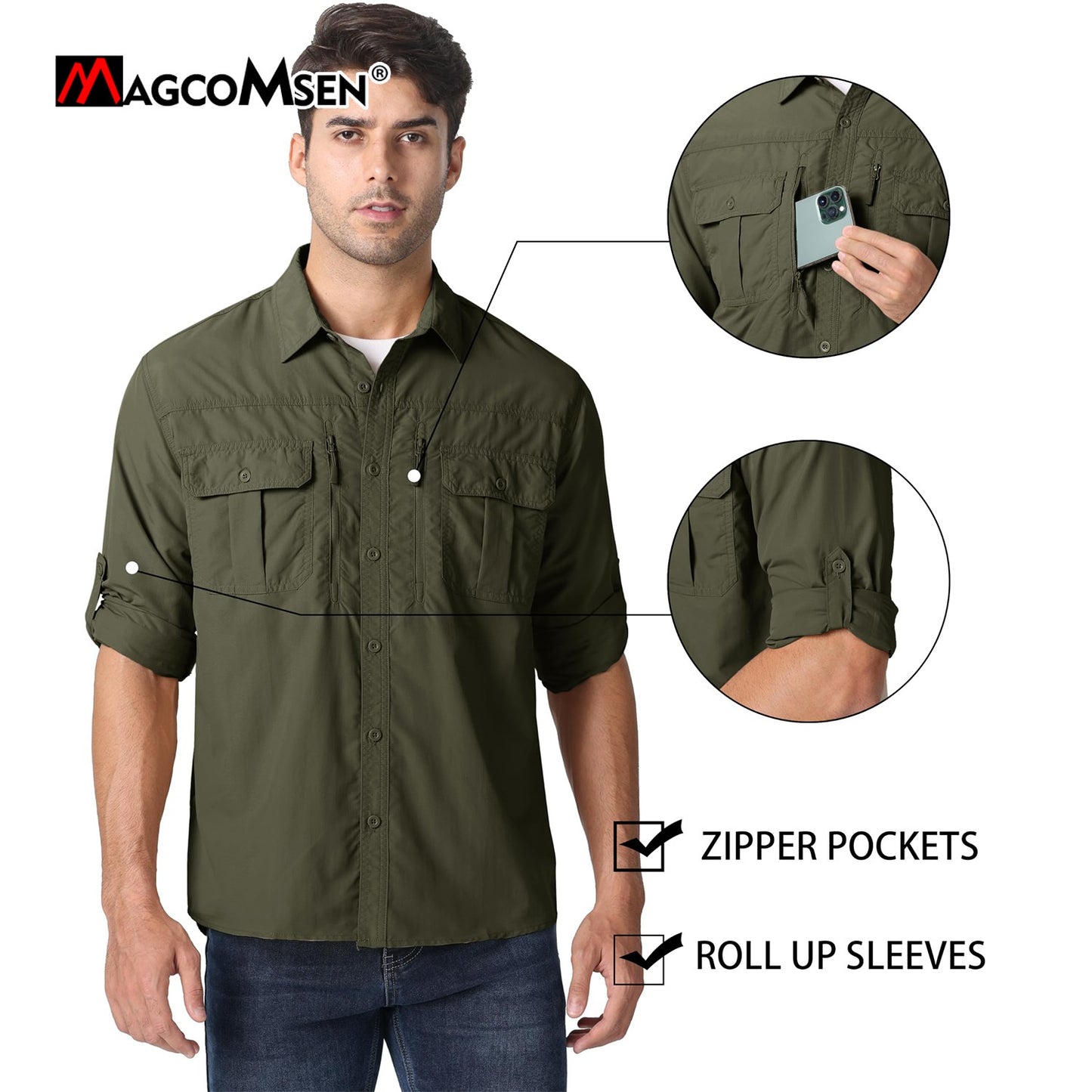 MAGCOMSEN UPF 50+ Mens Quick Dry Cargo Shirts Mesh Breathable Long Sleeve Work Shirts UV block Outdoor Hiking Fishing Shirts