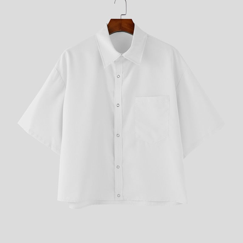 INCERUN Men's Shirts Solid Color Lapel Short Sleeve Pockets Button Male Crop Tops Streetwear Summer Loose Fashion Men Clothing