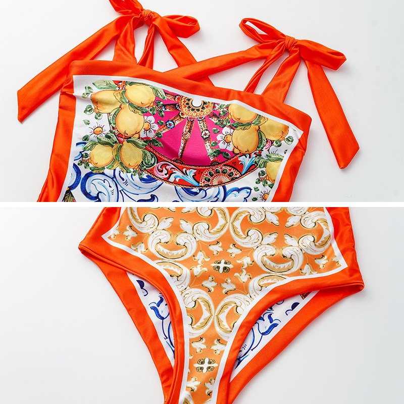 2024 Vintage Pattern Printed One Piece Swimsuit Swimwear Bikini Set Women Beachwear Clearance Wholesale