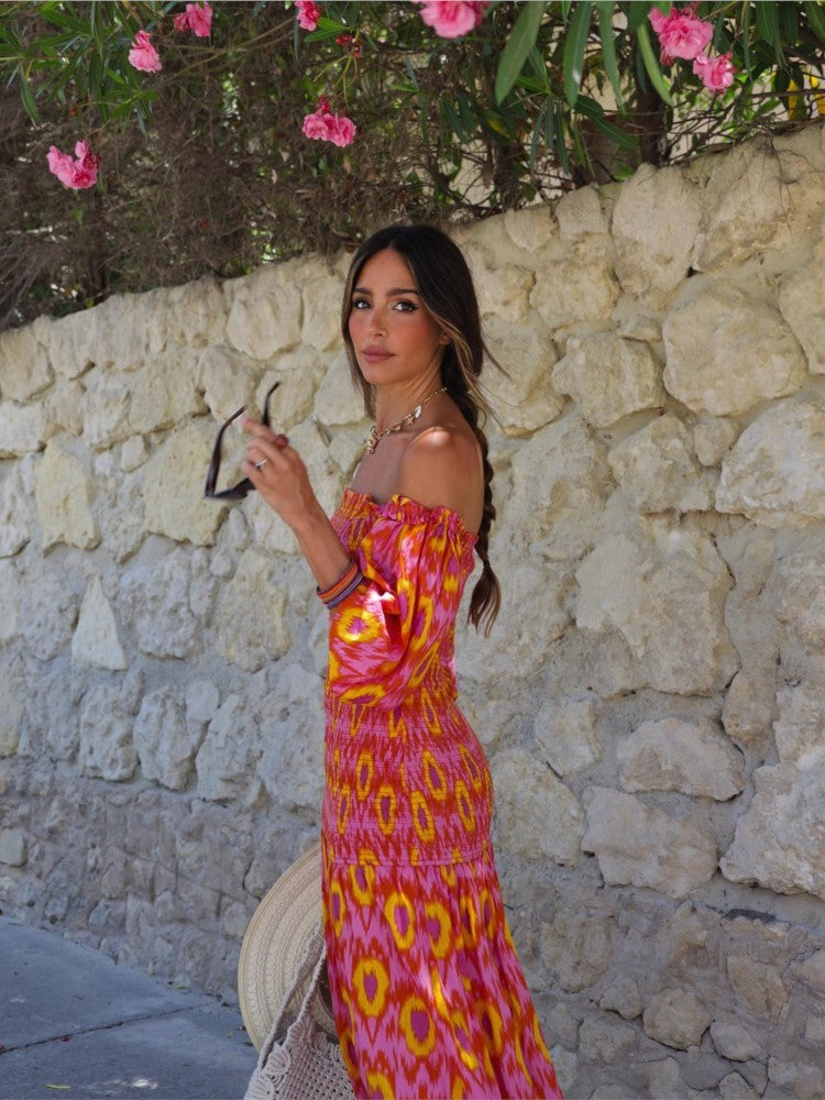 Women Summer Party Holiday Lady Streetwears Print Ruffle Pleated Long Dress Fash