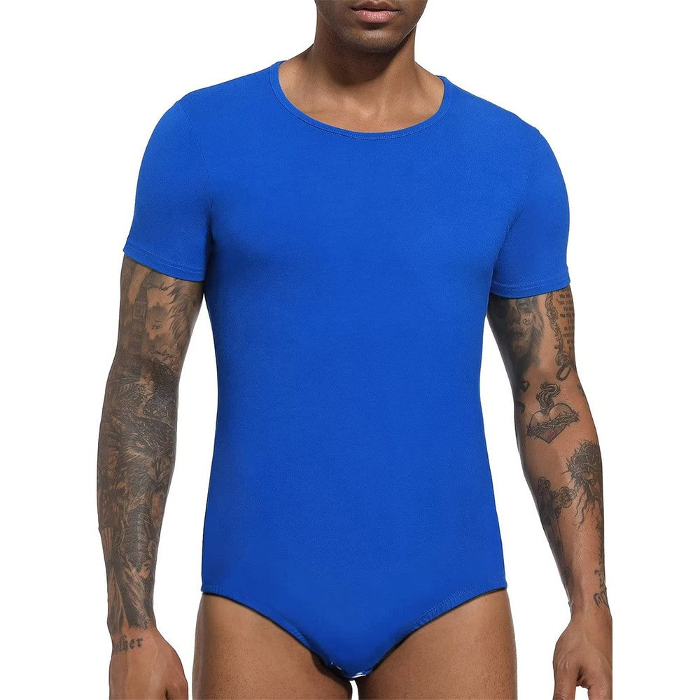 Men Short Sleeve Bodysuit Press Botton Crotch Shirt Pajamas Bodysuit Undershirts Leotard Top