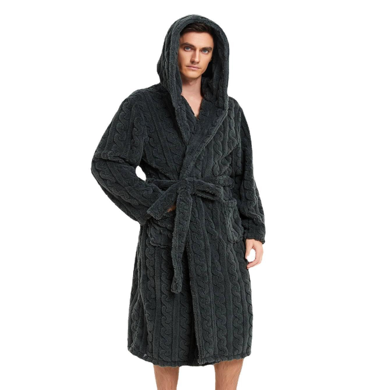 New American Cotton Velvet Jacquard Hooded Men's Dressing Gown with Fleece Thickened Autumn and Winter Couple Dressing Gown