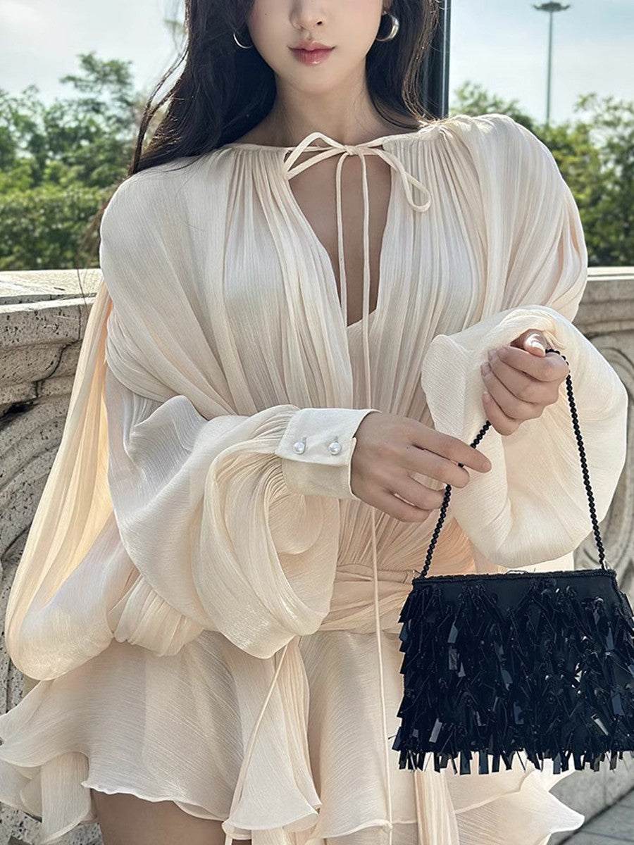 GALCAUR Solid Loose Splicd Lace Up Dresses For Women V Neck Long Sleeves Patchwo