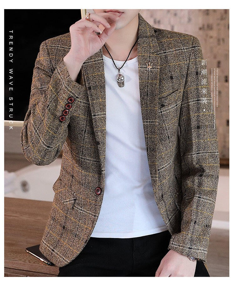 Men's casual plaid suit jacket, fashionable and versatile slim-fitting top, stylish plaid suit