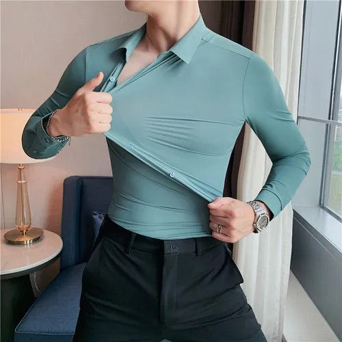 Men's Long Sleeved Elastic Shirt No Ironing Business Wear Professional Workwear Stand Up Collar Shirt Casual Solid Color Shirt