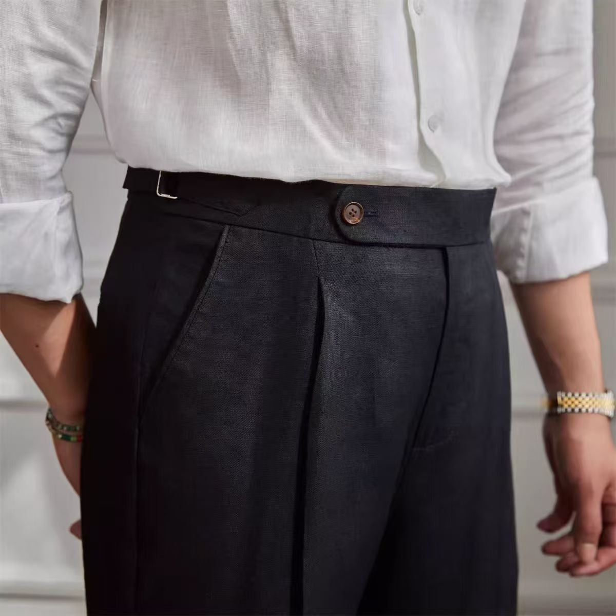 Spring Autumn Men 100% Linen Italian Naples Pants High Waist Straight Suit Trousers Fashion Lightweight Breathable Casual Pants