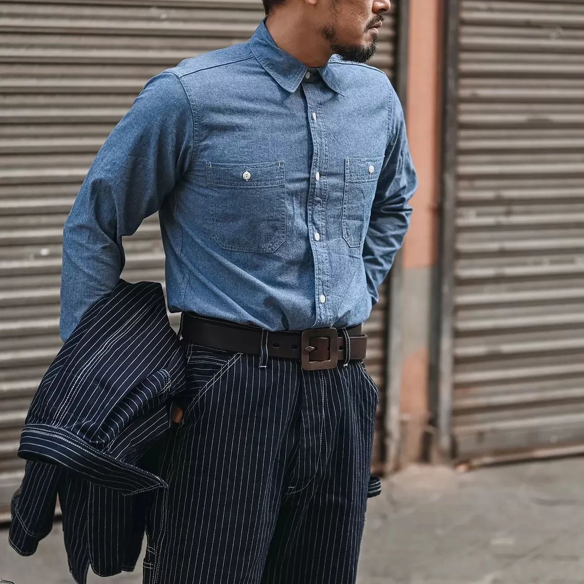 Non Stock Classic Chambray Shirt Spring Men's Two-Pocket Workshirt Light Blue