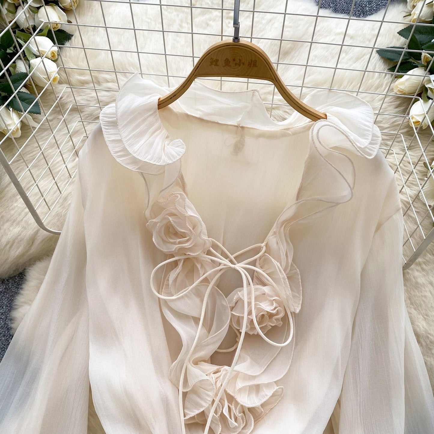 SINGREINY 3D Floral Beach Short Dress Female Long Sleeves Lace Up Ruffle Chiffon