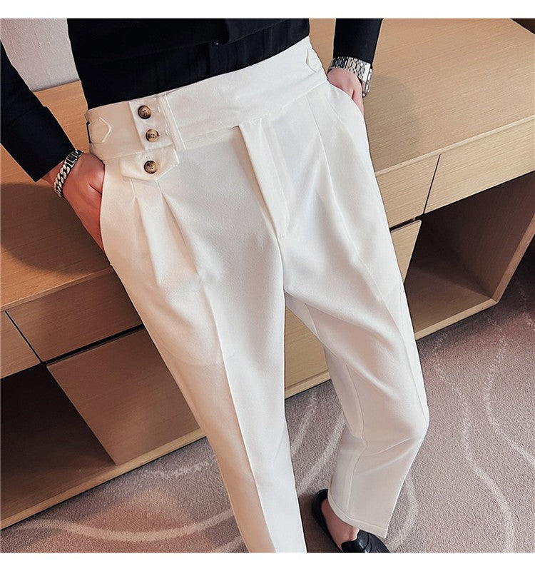 British Style Spring New Solid Business Casual Suit Pants High Waist Button Men Formal Pants High Quality Slim Office Trousers