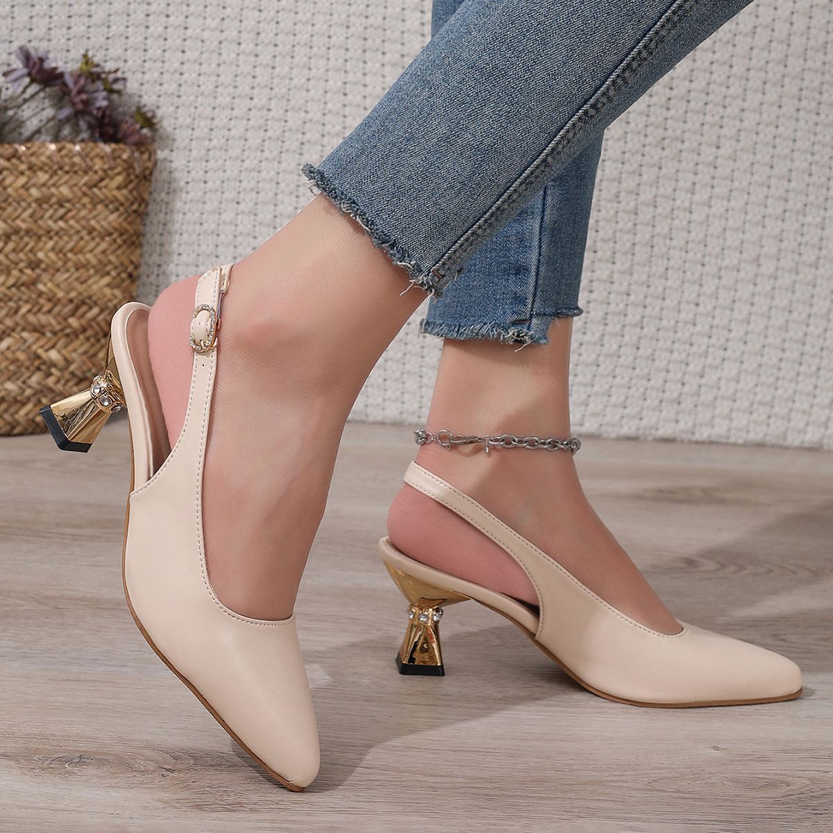 Pu Leather High Heels Pumps Women 2025 Summer Ankle Buckle Thick Heeled Sandals Woman Crystal Decor Pointed Toe Party Shoes