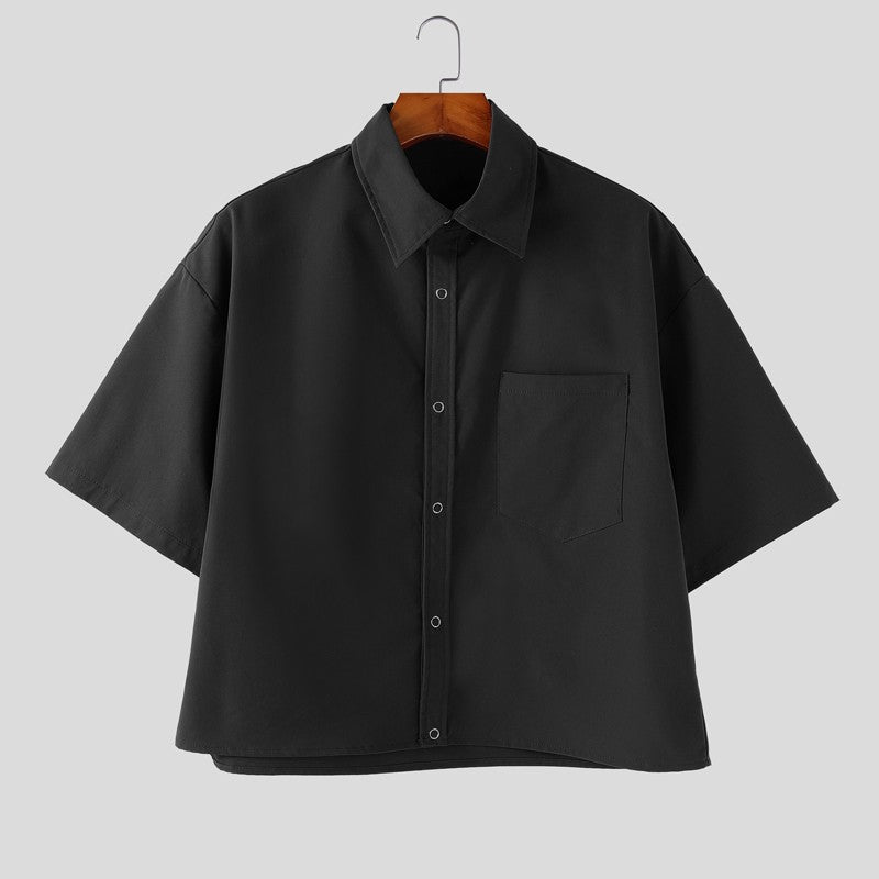 INCERUN Men's Shirts Solid Color Lapel Short Sleeve Pockets Button Male Crop Tops Streetwear Summer Loose Fashion Men Clothing
