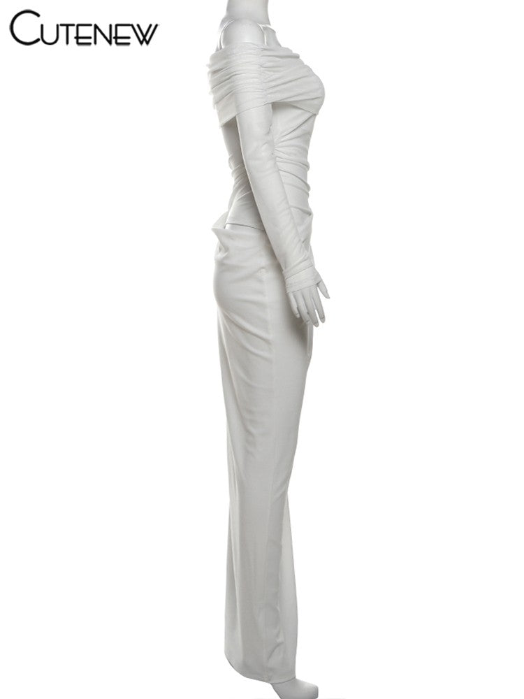 Cutenew Mesh Ruched Women Maxi Dress Sexy See Through Off Shoulder Long Sleeve S