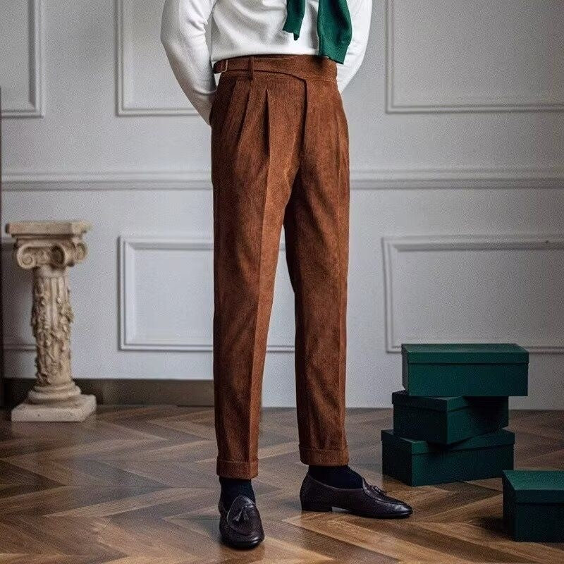 Italian Style Corduroy Naples Suit Pants Men High-waisted Adjustable Belt Straight Trousers Autumn England Business Casual Pant