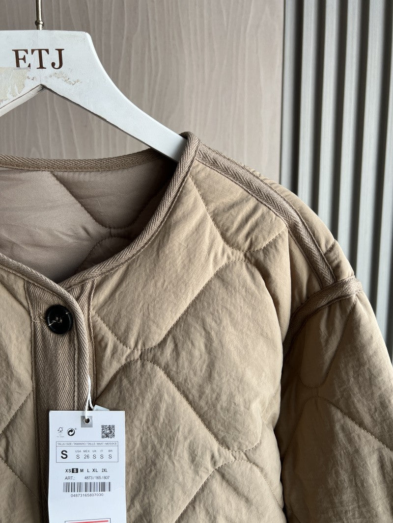 ETJ 2025 TRAF Spring new women's vintage crewneck quilted cotton-padded loose version of quilted casual jacket