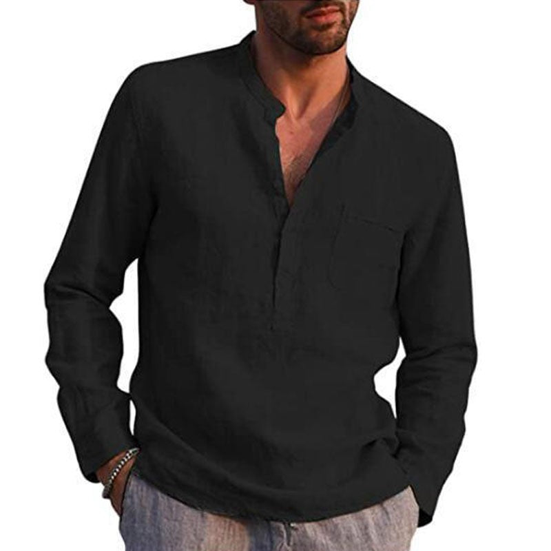 Casual Cotton Shirt Long Sleeves Crew Neck Men's Summer Simple Plain Blouse Button Down Tops Plus Size