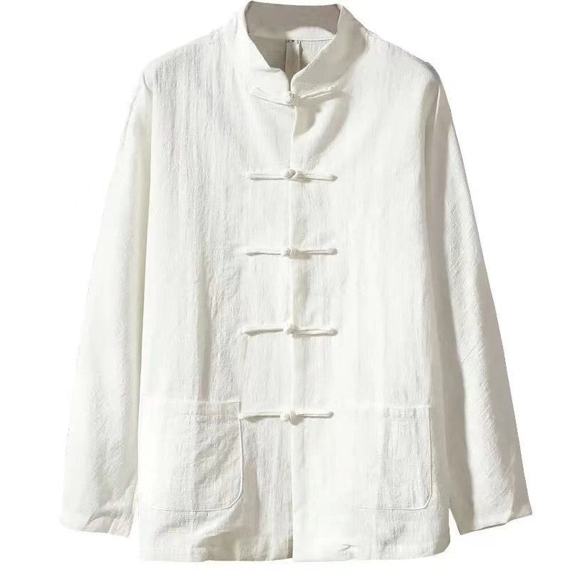 XXXXXL Plus Size Men Cotton Linen Shier Autumn Spring Men Collarless Long Sleeve Frog Button Loose Blouse Tops Oversized M-5XL
