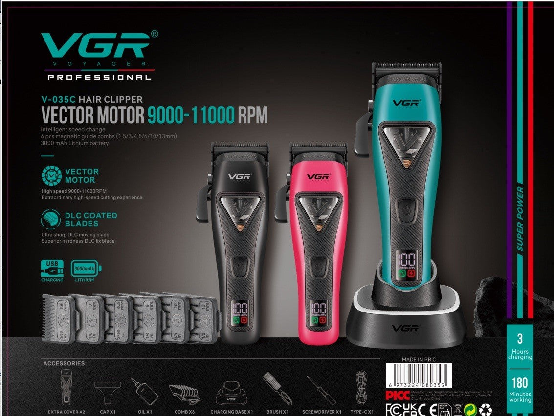 VGR Hair Trimmer Professional Hair Cutting Machine Barber Clipper 11000RPM Vector Motor LED Charging Base Trimmer for Men V-035C
